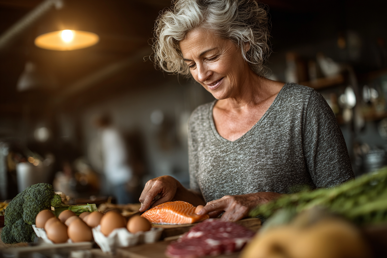 Щаслива пара старшого віку готує здорову їжу